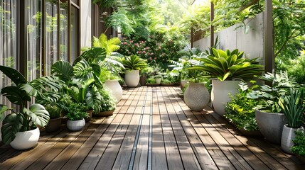 Fototapeta premium A harmonious row of lush potted plants gracefully adorns a charming wooden deck, creating a serene and inviting outdoor oasis