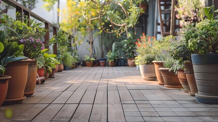 Fototapeta premium A harmonious row of lush potted plants gracefully adorns a charming wooden deck, creating a serene and inviting outdoor oasis