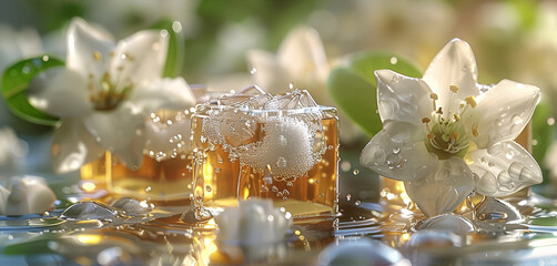 The syrup drips on the big ice cubes, and there are slight splashes of water droplets. The ice...
