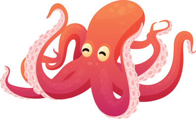 Cute orange red octopus funny cartoon underwater animal with tentacles isometric vector