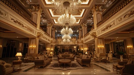 Fototapeta premium A grand room filled with numerous plush couches arranged elegantly around a magnificent chandelier hanging from the ceiling