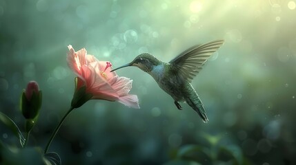 An in-depth view of a hummingbird winging over a vivid blooms, ingesting nectar, over a backdrop of vividly fuzzy nature and space, Generative AI.