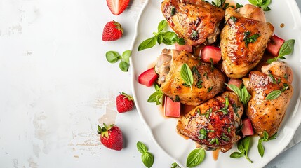Top view of rhubarb strawberry glazed chicken thighs on a white dish with space for text or a product advertisement on a clean white backdrop, Generative AI.
