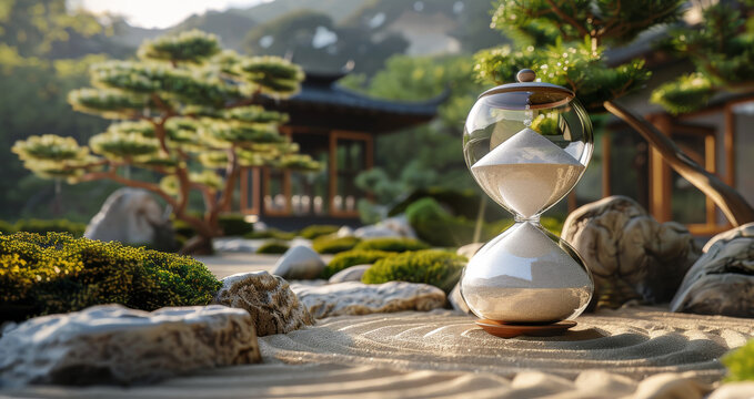 A large sandglass egg timer in a zen garden. Generative AI.
