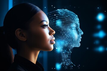 a woman looking at a glowing head