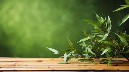 Obraz premium Bamboo wooden table with green bokeh background