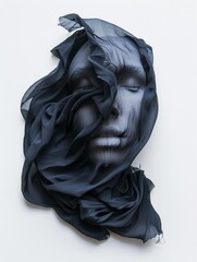 A young woman's face sculpted and covered with black fabric. This artwork portrays a face using cloth, set against a white background.