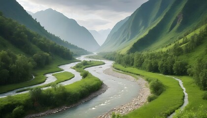 A mountain river winding through a lush valley upscaled 6