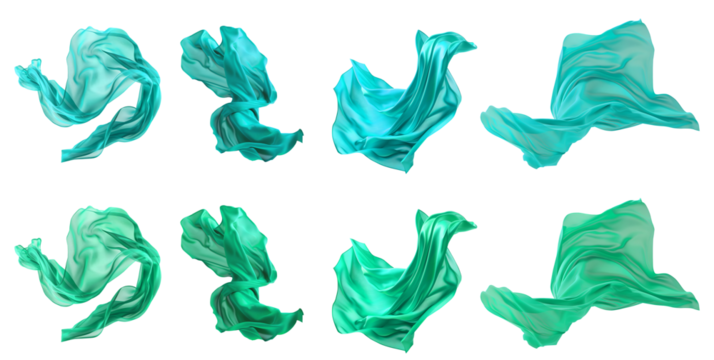 2 Collection set of turquoise blue green silk satin cloth fabric floating flying in the air on transparent background cutout, PNG file. Mockup template for artwork graphic design