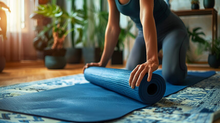A woman rolls out a yoga mat on the floor in a yoga fitness training room Active and fit barefoot woman prepares for a home workout to live. 