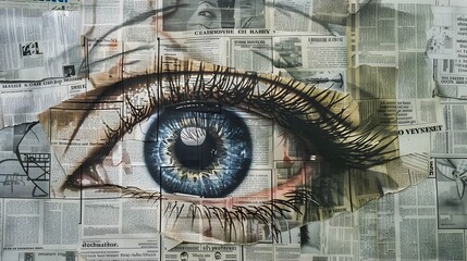 A collage featuring various newspapers overlaid with a striking eye, creating a thought-provoking and visually compelling composition
