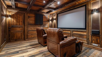 Home cinema in rustic style room with wood paneling two leather armchairs and flat tv