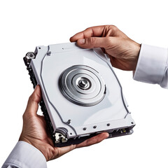 Contemporary computer hard drive in hand of IT-specialist isolated on a transparent background 
