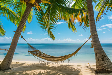 Fototapeta premium A hammock hanging between two palm trees on a tropical beach
