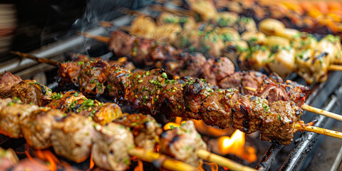 delicious grilled kebabs on the grill with fire and smoke, generative AI