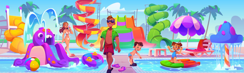 People in waterpark with water pools and slides. Cartoon vector man, woman and children relax in amusement aquapark with bright waterslide, inflatable toys, lounge chair under umbrella and palm trees. - obrazy, fototapety, plakaty