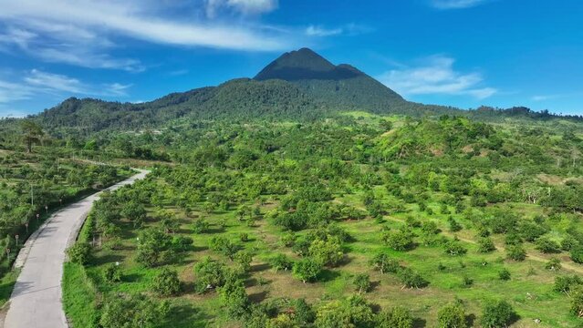 Green Landscape of Philippines with road and green plants during sunny day. Large Matutum Mountain Volcano in background. Panorama view.