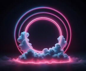 Obraz premium 3d render, abstract cloud illuminated with a neon light ring on dark night sky. Glowing geometric shape, round frame