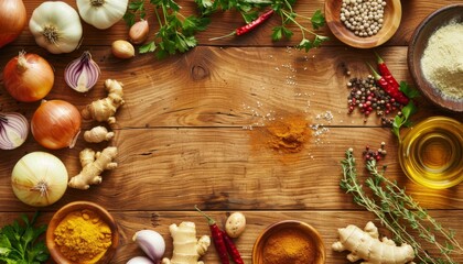 photographic quality image of a wooden kitchen table surround with ingredients, including onions, fresh ginger and garlic, red chili powder, turmeric powder, vegetable oil , Salt