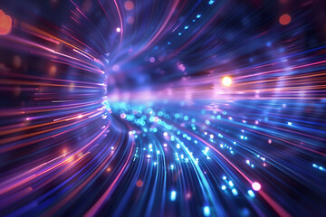 Blue energy particles tunnel blurred bokeh glowing bright abstract background