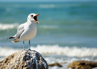Fototapeta premium Seagull Squawking Loudly on Rocky Beach with Waves in Background