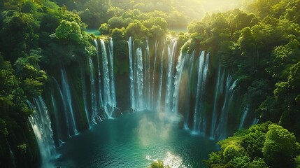 A waterfall in a jungle. The waterfall is in the background with bright light coming from behind it. - Powered by Adobe