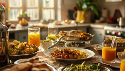 breakfast table with Indian food, healthy diet, smart kitchen background, closeup picture, panaromic, representing healthy lifestyle