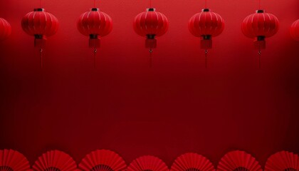 Obraz premium Chinese New Year background, page design, small red lanterns decorated on both sides, a row of red fans at the bottom, simple, style soft gradient, edge light