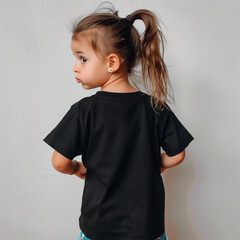 Kid girl model in black Bella Canvas 3001 mockup. Blank crewneck tshirt back view mockup. Indoor kids mockup, short sleeve t-shirt template