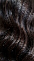 Naklejka premium A close up capturing the intricate details of dark brown hair, cascading in soft waves with hints of light bouncing off its surface
