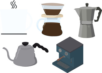 Coffee equipment set. Isolated equipment transparent background