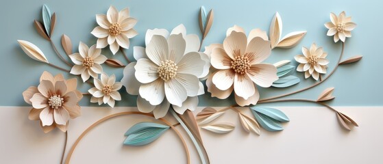 Artistic Floral Wall Decoration with Layered Paper Flowers and Foliage