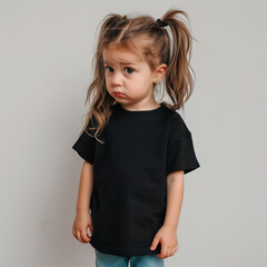Kid girl model in black Bella Canvas 3001 mockup. Blank crewneck tshirt front view mockup. Indoor kids mockup, short sleeve t-shirt template. Preschooler, pre-k girl age 3, 4, 5 years old