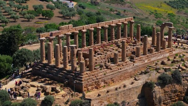 Cinematic Aerial View Above Temple of Hera at Valley of the Temples in Agrigento, Italy