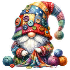 A cute cartoon gnome sews a patchwork blanket surrounded by yarn and buttons.