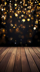 Wooden table background and golden lights create a celebratory atmosphere