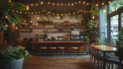 Fototapeta premium A cozy dining room with wooden floors and white tile walls and ceiling covered in string lights. Large plants hang from the ceiling. A long dark wood table is surrounded by chairs. Generative AI.