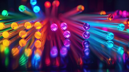 Closeup of network cables with colorful lights on a dark background.