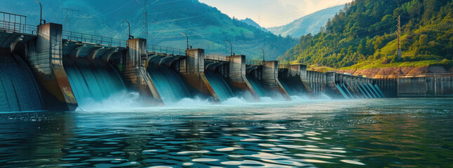 Hydroelectricity power station for alternative energy concept Dam with water for electricity producing Renewable net energy Power production using green technology