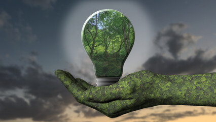 A green hand holds a lightbulb with a beautiful green forest inside it on its palm