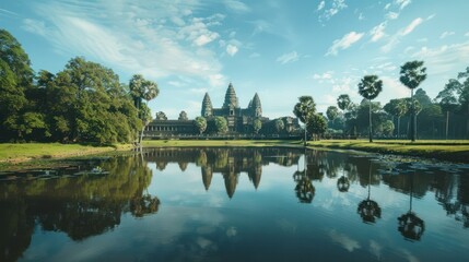 Naklejka premium Angkor Wat, the majestic temple complex in Cambodia, surrounded by lush greenery and reflecting pools. 