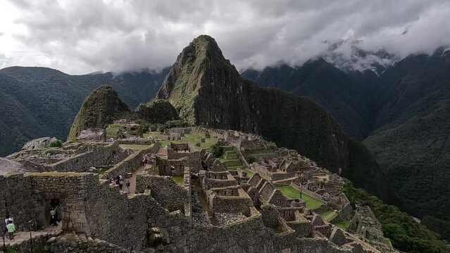Pan across Machu picchu stone walls with tour group exploring this natural wonder