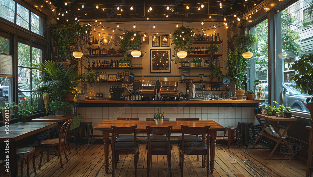 Poster a cozy dining room with wooden floors and white tile walls and ceiling covered in string lights. lar