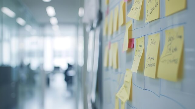 Blurred office backdrop with sticky notes on glass wall