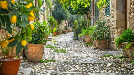 A charming cobblestone street embraced by an abundance of vibrant potted plants, creating a picturesque and serene atmosphere 