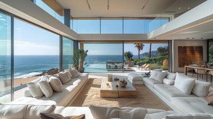 The living room of a seaside villa, with the breathtaking sea view.The large floor-to-ceiling windows and spacious terrace allow to overlook the stunning beach. Generative AI.