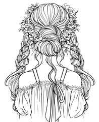 Hairstyle of the hair is decorated with flowers and a ribbon illustration clip art coloring book black and white for kids and adults isolated line art on white background.
