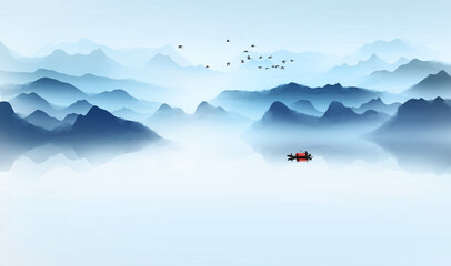 Blue artistic conception, elegant ink landscape painting background