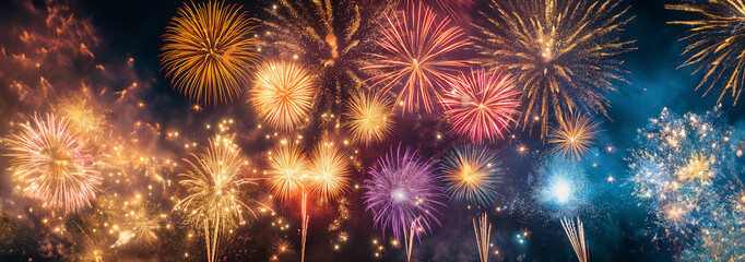 Fireworks light up the night sky with a breathtaking spectacle of bright colors and sparkling lights.