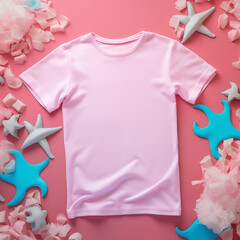 Flat lay short sleeve tshirt mockup. Kids Bella Canvas 3001 mock up. Blank pink t-shirt template front view. Children's clothing, apparel, outfit mock